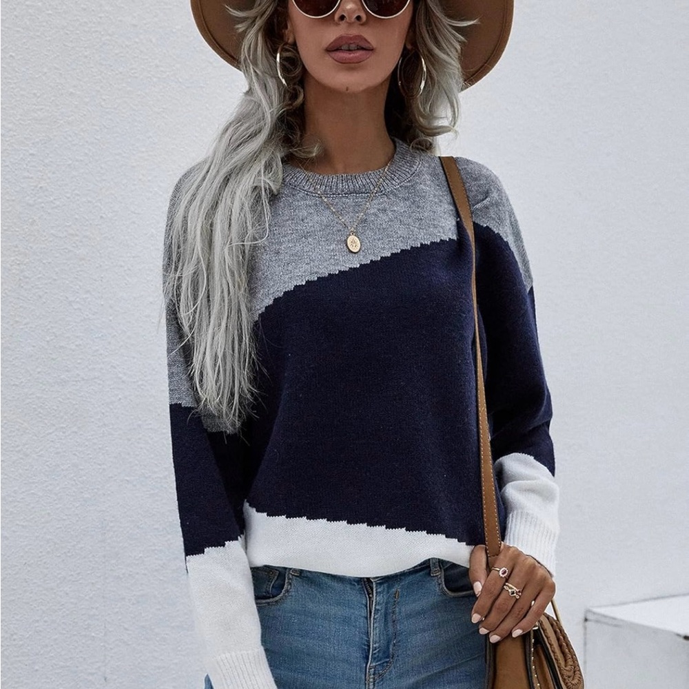 Drop Shoulder Color Block Patchwork Boho Casual Loose Fit Sweater Women’s M